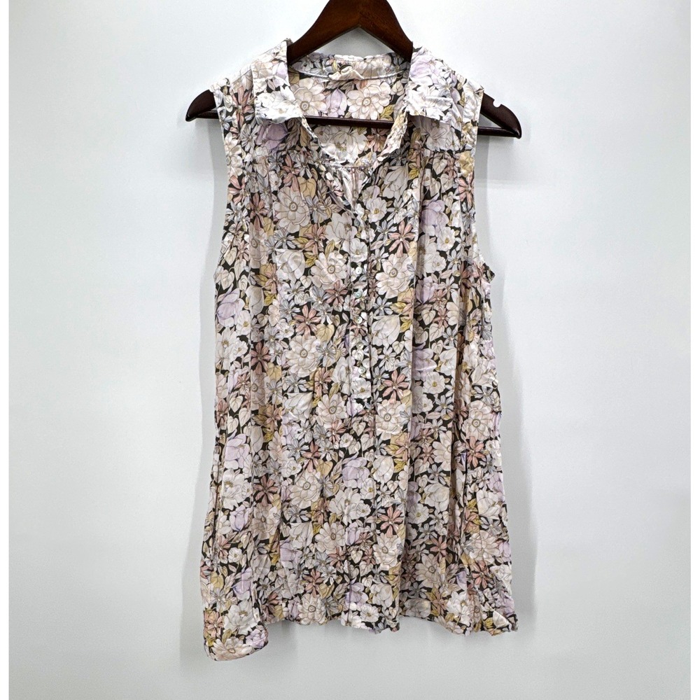 Cupio Womens L Multicolor Floral Rayon Woven Sleeveless Collared Button Blouse